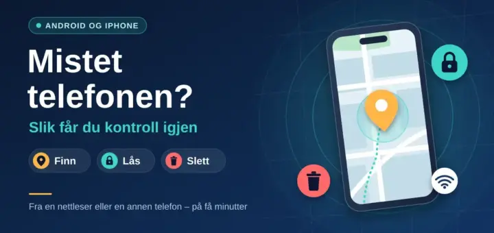 Illustrasjon av en smarttelefon med kart og posisjonsnål, omgitt av ikoner for å låse og slette, ved siden av teksten «Mistet telefonen? Slik får du kontroll igjen» og knappene Finn, Lås og Slett.