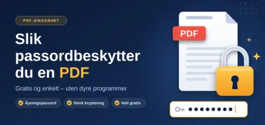 Illustrasjon av et PDF-dokument med en gul hengelås og et passordfelt, med teksten «Slik passordbeskytter du en PDF – gratis og enkelt».