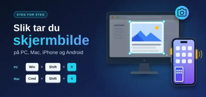 Illustrasjon av en dataskjerm med et markert utsnitt og en mobiltelefon med uthevede sideknapper, sammen med teksten «Slik tar du skjermbilde på PC, Mac, iPhone og Android» og tastatursnarveiene Win + Shift + S og Cmd + Shift + 4.