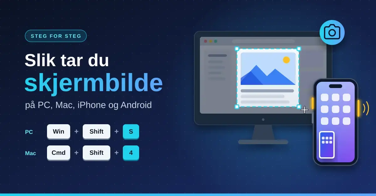 Illustrasjon av en dataskjerm med et markert utsnitt og en mobiltelefon med uthevede sideknapper, sammen med teksten «Slik tar du skjermbilde på PC, Mac, iPhone og Android» og tastatursnarveiene Win + Shift + S og Cmd + Shift + 4.