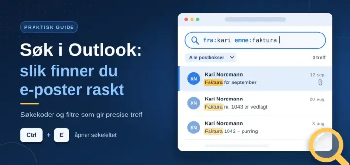Illustrasjon av et e-postvindu der søkefeltet bruker søkekodene «fra:kari emne:faktura» og viser tre markerte treff, ved siden av teksten «Søk i Outlook: slik finner du e-poster raskt» og hurtigtasten Ctrl + E.